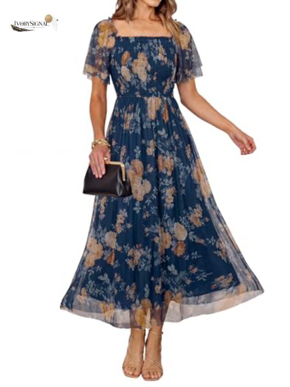 Womens Floral Mesh Maxi Dress Square Neck Smocked Boho Wedding Guest